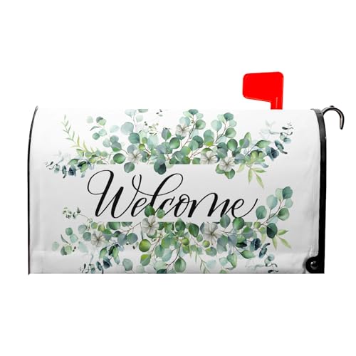 Image of Welcome Spring Summer Mailbox Covers Magnetic- Standard Size 21x18 Inch- Sage Green Eucalyptus Leaves Wreath Mailbox Wrap Letter Post Cover Decoration for Yard Garden Outdoor Home