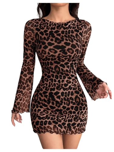 Image of GORGLITTER Women's Y2k Mesh Sheer Leopard Print Mini Dress Concert Outfits | Long Sleeve, Backless, Cheetah Print, Bodycon, Cinch Waisted, Western Outfits, Country Concerts Dress