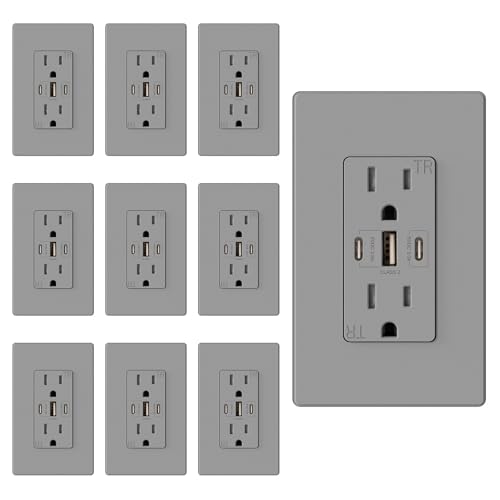 Image of ELEGRP USB Outlets, 30W 6.0 Amp USB C Outlets Receptacles, 3-Port USB Wall Outlet, 15 Amp Tamper-Resistant Outlet with 2 USB C Ports, UL Listed, Screwless Wall Plate Included, 10 Pack, Matte Grey