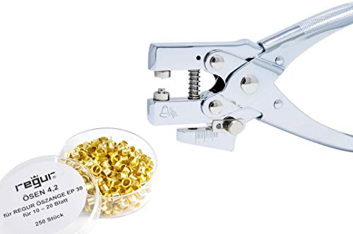 REGUR EP 30 Stanz- und Ösenzangen Set inklusive 100 Ösen 4,2 mm, für Verträge, zum Präsentieren, Reparieren, Basteln, Verzieren. 2-30 Blatt Cover