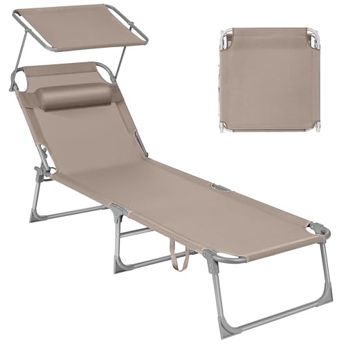 SONGMICS Bain de Soleil, Chaise Longue Pliable, 193 x 53 x 29 cm, Capacité de 150 kg, avec Pare-soleil, Appuie-Tête, Dossier Réglable, pour Jardin, Piscine, Terrasse,...