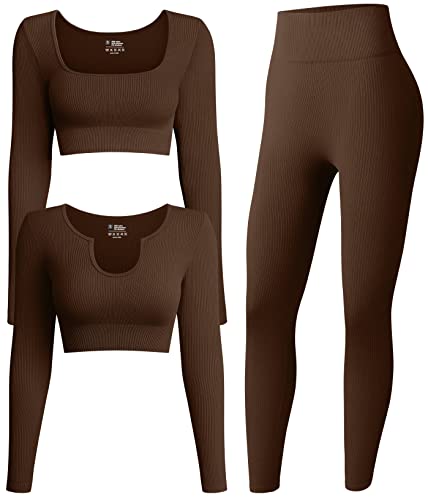 Oqq Women's 3 Piece Outfits Ribbed Exercise Long Sleeve Crop Tops Workout High Waist Leggings Yoga Set Coffee #TOP22