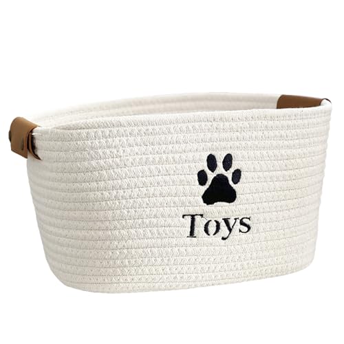 Dog Toy Basket 13 x 9.1 x 7.5 Dog Toy Storage Bin with Handles Cotton Rope Pet Organizer Storage Blanket for Toys Plush Blankets Leashes Pet Clothes & Food White