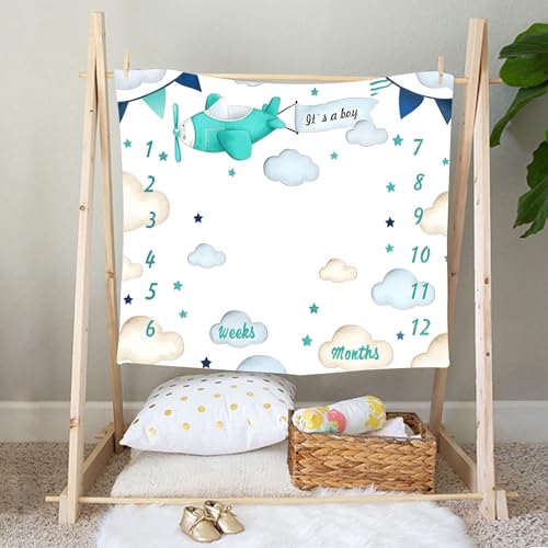 Image of Airplane Theme Baby Monthly Milestone Blanket for Boys, Soft Flannel Aircraft Pilot Cloud Stars Pattern Photography Prop Baby Shower Age Newborn Mom Gifts Nursery Decor (Turquoise, 48x48in)
