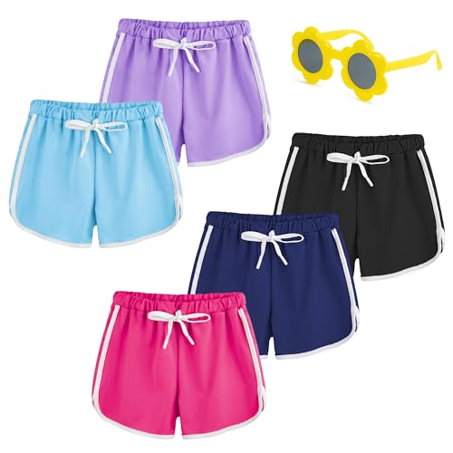 ZukoCert 5 Pack Girls Athletic Shorts with Drawstring,Girls Dolphin Shorts,Dry Running Shorts for Girls in 5-14Years