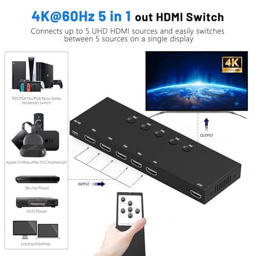 Image of 4K@60Hz 5 in 1 Out HDMI Switch, 5 Port HDMI Switcher Selector Support HDR10 & HDCP 2.2 & Full 3D with IR Remote Control and ON /Off Switch for Nintendo Switch,Xbox PS5 /PS4,Fire Stick,Roku,Apple TV