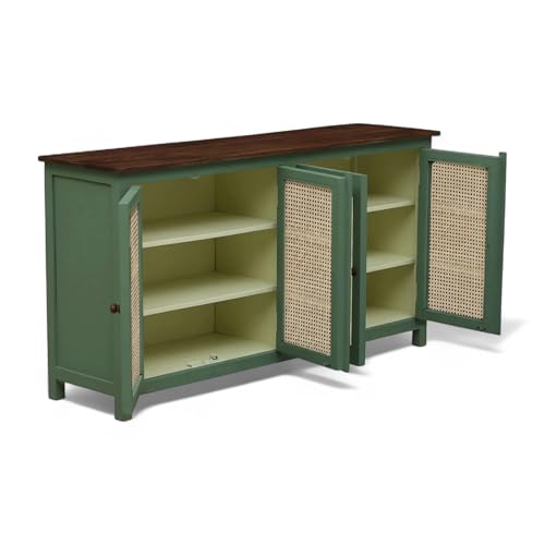 Image of Madrid 4-Door Cane Sideboard Solid Wood Cabinet in Olive Green & Off-White with Scratch-Resistant Top | Ideal for Crockery & Kitchen Storage