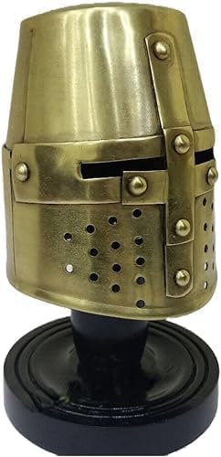 Medieval Templar Crusader Cross Helmet With Stand Greek Knight Armor LARP Replica SCA Battleworn Golden Helmet for Home Décor Cosplay