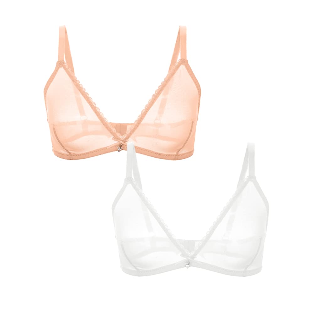 Women Sexy Wireless Sheer Mesh Bra Transparent Unlined Brassiere(D308TS-White+Beige-S)-image-20