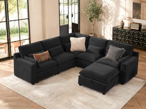 Image of WorthFurni Modern Modular Sectional Sofa,105 inch V Shape Sectional Cloud Couch with Storage Ottoman,Comfty 6 Seat Sofa for Living Room,Black Chenille