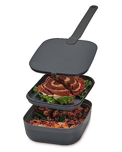 W&P Porter Bento Lunch Box, 3 Compartment Bento Box Portable Adult Lunch Box with Snap Strap- Food Container, BPA Free, Dishwasher and Microwave Safe, Charcoal, Medium