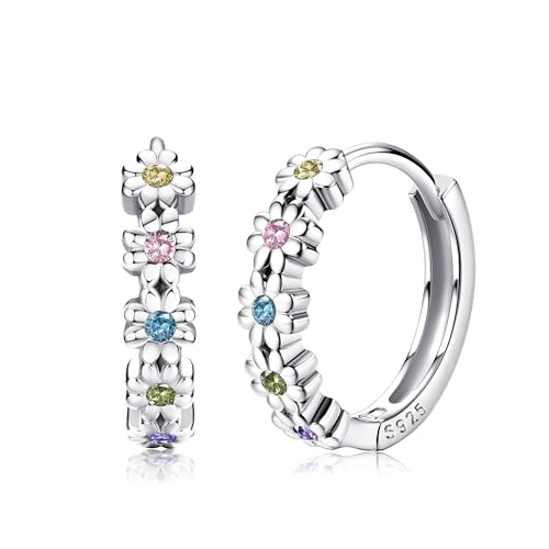 MILACOLATO 925 Sterling Silver Small Hoop Earrings for Women 14K White Gold Plated Daisy Huggie Hoop Earrings Pave Rainbow Cubic Zirconia Flower Hoop Earrings Hypoallergenic Earrings