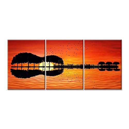 3 pièces pour guitare Arbre Lac Coucher de soleil, 16x24inchx3