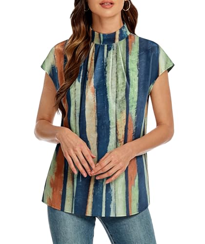 Image of Funlingo Womens Summer Tops Mock Neck Short Cap Sleeve Blouses Business Casual Work Chiffon Shirts Front Pleated Tunic Top