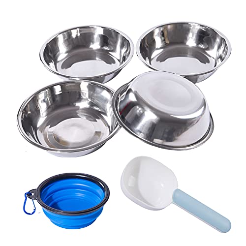 4 Pcs Stainless Steel Dog and Cat Food Dish/Bowls, Shallow Cat Dish, Extra Replacement Bowl -Metal Food and Water Dish, for Small Dogs and Cats,12oz