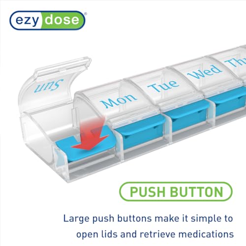 Image of Ezy Dose Weekly (7-Day) Pill Organizer, X-Large Medicine Case, Blue /Clear | Daily Vitamin & Supplement Planner, Spacious Push-Button Compartments, Convenient & Easy to Use, Travel-Friendly, BPA-Free