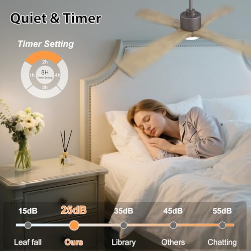 Image of LEDLUX 48 inch Ceiling Fans with Lights -Modern Ceiling Fan with Light, 6-Speed Remote, 4 Solid Wood Blades, Quiet DC Motor, for Bedroom, Living Room, Outdoor, Graphite Finish with Gray Blades