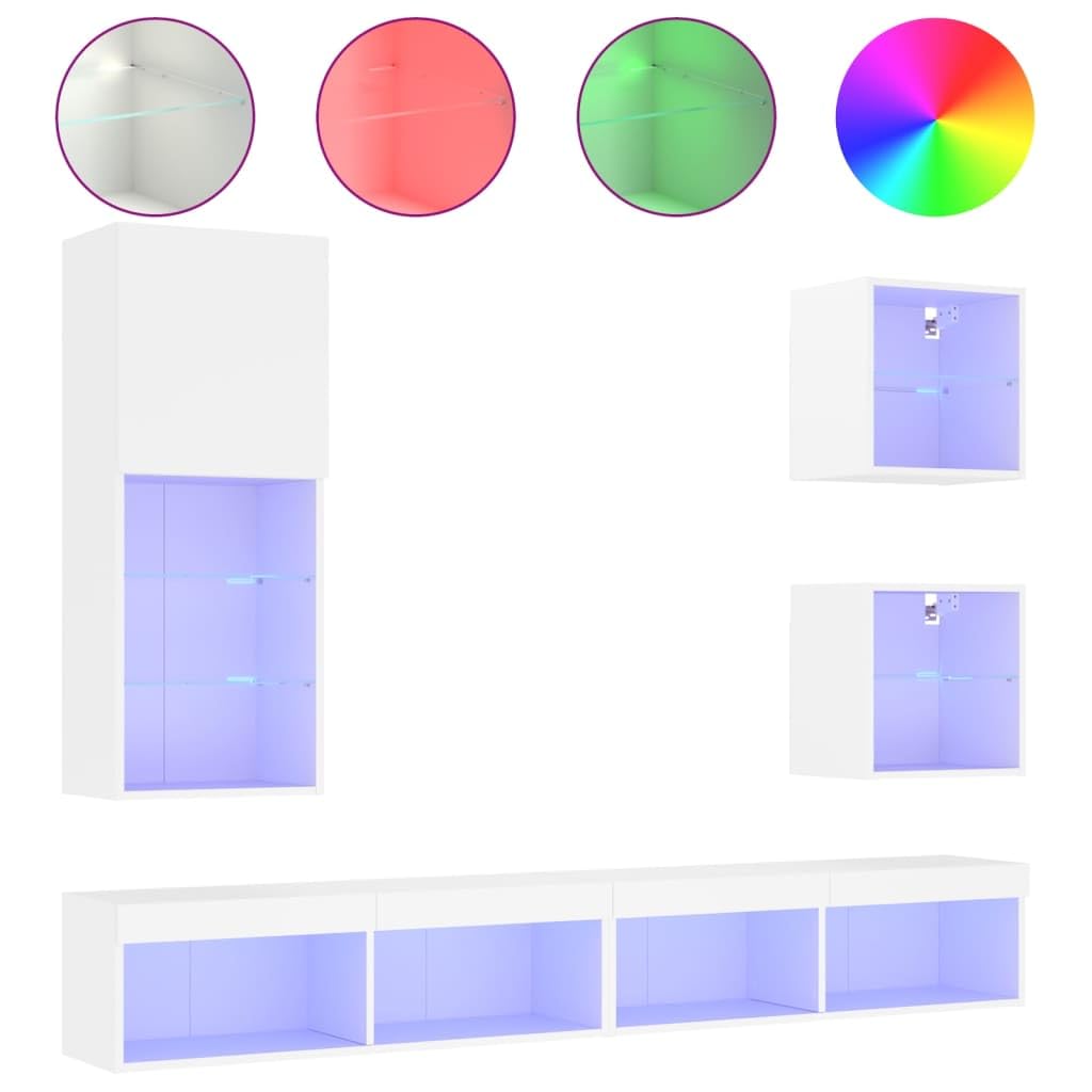 Gecheer Set di 5 armadietti per TV, moderni, mobili per TV, soggiorno, armadio, parete multimediale, TV, pannello basso, armadio, parete per TV, tavolo da soggiorno, in legno bianco, vetro
