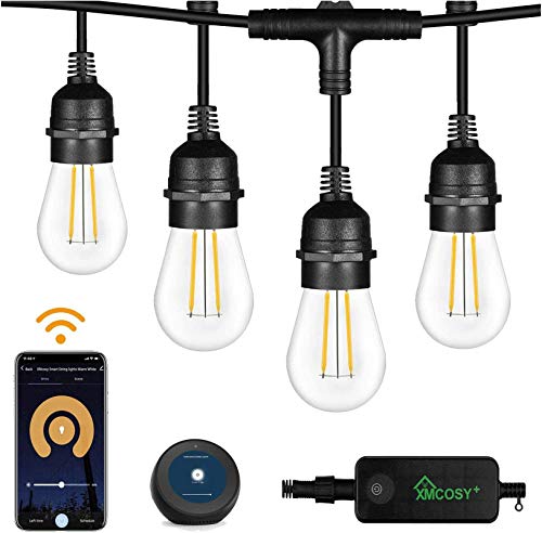 XMCOSY+ Outdoor String Lights â€“ Patio Lights 98 Ft LED Smart Warm White String Lights 2.4GHz Wi-Fi App Work with Alexa 30 Dimmable Bulbs Patio String Lights Outdoor Waterproof Shockproof String Lights