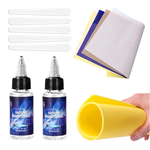 ATOMUS Tattoo Transfer Gel Kit - 29.6ml Tattoo Stencil Cream, 5pcs Transfer Paper & 3mm Practice Skin, Multicolor, Metallic