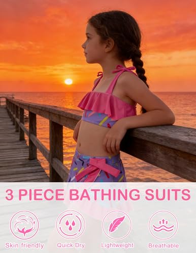 Image of ALISISTER Girls Swimsuit 3 Piece Bathing Suits Flounce Bikini Tankini Set Beach Swimwear with Cover Ups Skirt for 3-8 Years