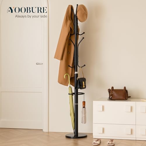 Yoobure Metal Coat Rack Freestanding with Marble Base, Coat Tree with 12 Hooks & Umbrella Holder, Coat Hanger Stand for Corner Entryway Bedroom Office, Heavy Duty Coat Rack Stand for Clothes Hats Bags - Image 3