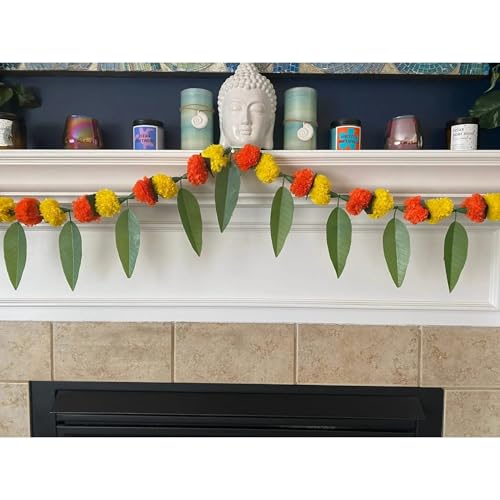Image of LOVENSPIRE Marigold and Mango Leaf Door Toran (5 Ft.) Traditional Floral Garland Valance for Festival and Pooja Decor, Indian Bandarwal Hanging for Diwali, Weddings, and Housewarming Favors