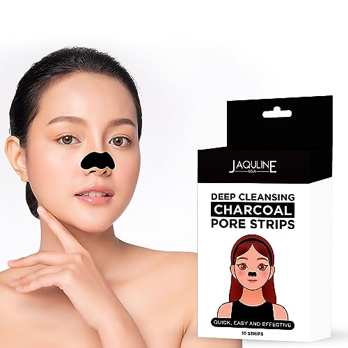 Image of JAQULINE USA Charcoal Nose Pore Strips | Deep Cleansing Nose Strips for Blackhead & Whitehead Removal | Infused with Bamboo Charcoal & Aloe Vera | Unclogs Pores & Removes Oil & Dead Skin - 10 Strips