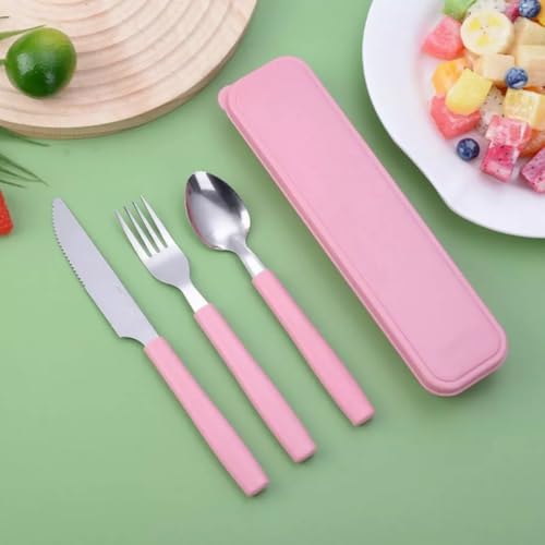 Jogo de Talheres Portáteis com Estojo – Kit Talheres Garfo Faca e Colher para Marmita, Trabalho, Escola, Acampamento - Talheres Coloridos com Caixinha - UpShop (Rosa)