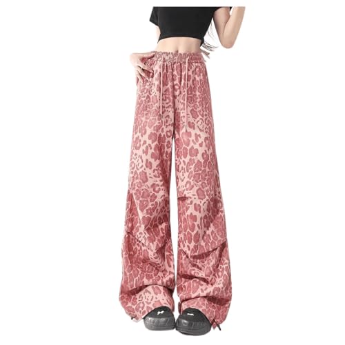 SweatyRocks Women's Leopard Print Pants High Waist Straight Leg Pants Casual Loose with Pockets