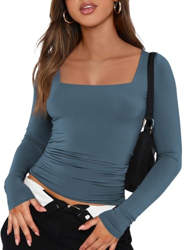 Trendy Queen Womens Long Sleeve Shirts 2024 Basic Crop Tops Fashion Slims Fitted Y2k Workout Clothes Square Neck Going Out Spring Outfits