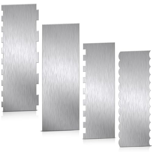 4 Pieces Stainless Steel Cake Scraper Smoother 10 Inch and 9 Inch Contour Double Sided Patterned Edge Stripe Tool Large Cake Smoother Scraper for Mousse Butter Cream Dessert Decoration