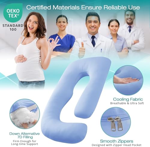 Image of Cooling Pregnancy Pillows for Sleeping, 65'' Full Body Pillow, Light Blue | Sasttie Maternity Pillow, OEKO-TEX, Down Alternative, Removable Cover, Pregnant Women Must Haves, Maternity Essential