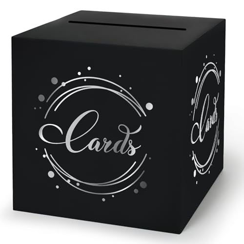Image of 1 Pack Black and Silver Foil Card Box for Party, 8.7 inch Black Gift Card Box Money Box for Birthday, Wedding, Baby Shower, Retirement, Anniversary, Bridal Shower, Raffle Ticket
