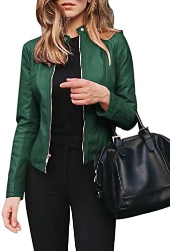 Ladies Faux Leather Jacket Motorcycle Zip Up Long Sleeve Moto Biker Short Coat Jacket M Green