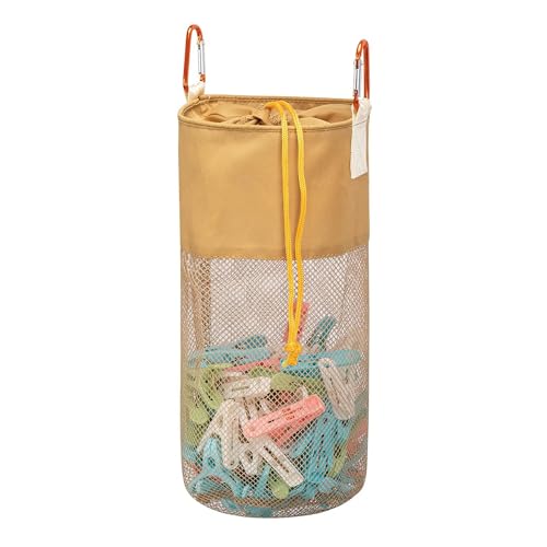 GNEGNI LIFE Pegs Bag, Mesh Large-Capacity Clothes Pegs Bag with Hook Drawstring Hanging Clothespin Bag Portable Resistant Clothes Pegs Holder Bag for Storing Clothes Peg, Socks and Toys (Khaki)