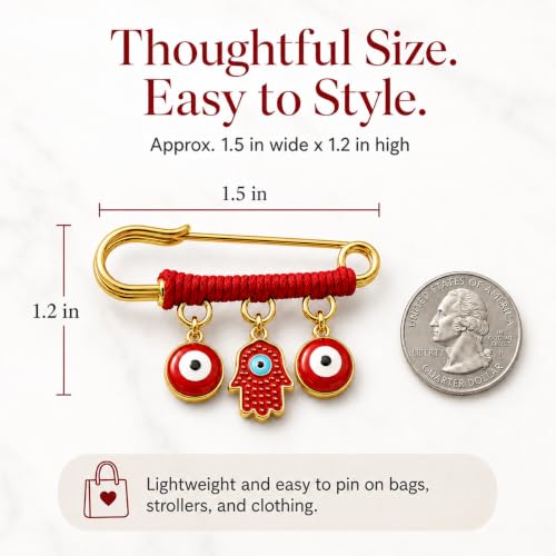 Image of 18K Gold Plated & Silver Tone Red Hamsa Protection Charm Pin - Evil Eye Jewelry for Women, Babies, Infants & Toddlers - Hamsa & Evil Eye Symbol Charm - Red String Lucky Amulet for Good Luck - Fits Stroller & Blanket, 1.5 Inch