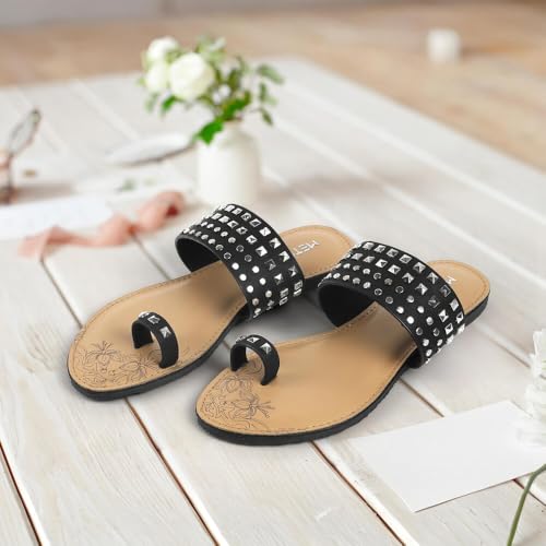 Image of Metro Women Synthetic Studded Toe-Ring Embellished Flat Sandals