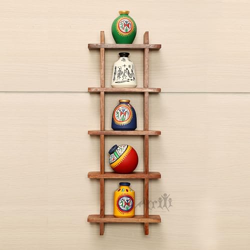 Image of AAKRITI ART CREATIONS Ladder Wall Decor with 5 Handcrafted Warli Pots | Wooden Shelves Hanging with Terracotta Vases | Matte Finish Decorative Wall Art for Living Room, Entryway & Gifting