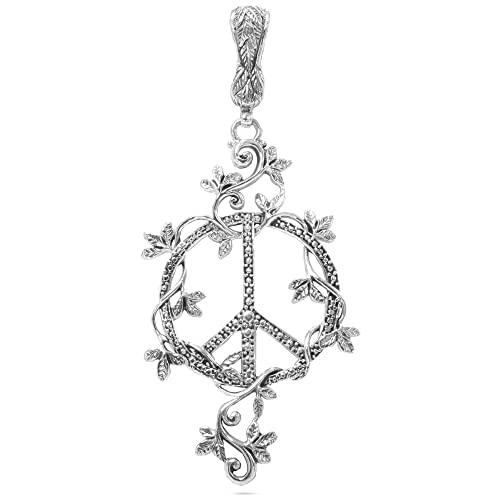 Sarda - .925 Sterling Silver Flat Jawan & Leaves Openwork Peace Promise 3-5/8" X 1-5/8" Enhancer Pendant - Handmade By Bali Artisans #TOP7