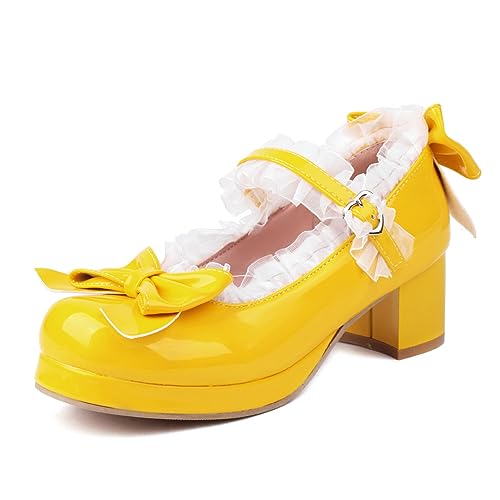 Bellirala Kawaii Mid Block Heel Mary Janes Platform Rockabilly Shoes Patent Chunky Heels Pumps Sweet Cute with Bow