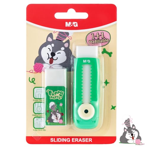 Image of M&G 1+1 Pack Green Sliding Retractable Cute Eraser Set, Refillable Soft Large Rubber Eraser with Sleeve for Kids Students School Office Supplies