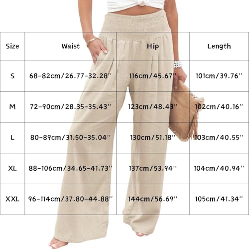 Womens Elastic High Waisted Cotton Linen Palazzo Pants Summer Casual Wide Leg Long Lounge Flowy Pant Beach Trousers4