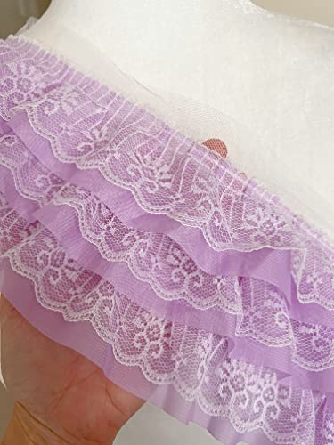 PEPPERLONELY Cinta de gasa de malla fruncida con borde de encaje plisado de 3 capas, de tela de 1 yarda, 4 pulgadas de ancho, morado claro/encaje