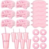 Hoteam 24-Piece Spa Party Supplies Set for Women: 6 Pink Spa Headbands, 6 Velvet Scrunchies, 6 Eye Masks, 6 Pink Plastic Cups (24 oz) for Sleepover, Bachelorette, or Relaxing Night In