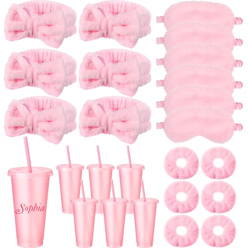 Hoteam 24-Piece Spa Party Supplies Set for Women: 6 Pink Spa Headbands, 6 Velvet Scrunchies, 6 Eye Masks, 6 Pink Plastic Cups (24 oz) for Sleepover, Bachelorette, or Relaxing Night In