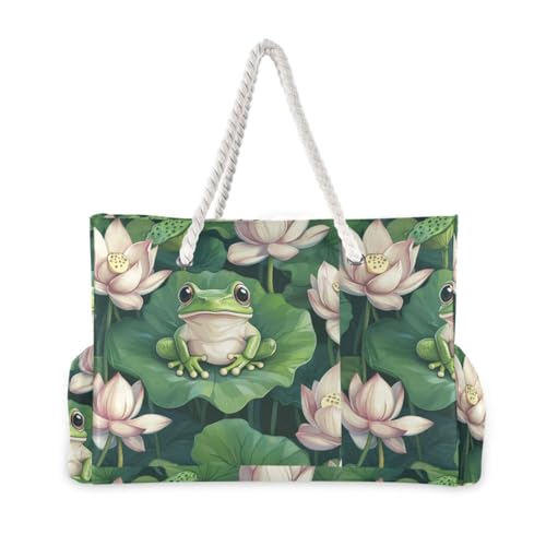 Cartoon Frog Beach Bag & Travel Tote Bag Large Sandproof with Zipper Closure, Wet Pouch for Swim Gym Travel, Lightweight Foldable Outdoor Bag2