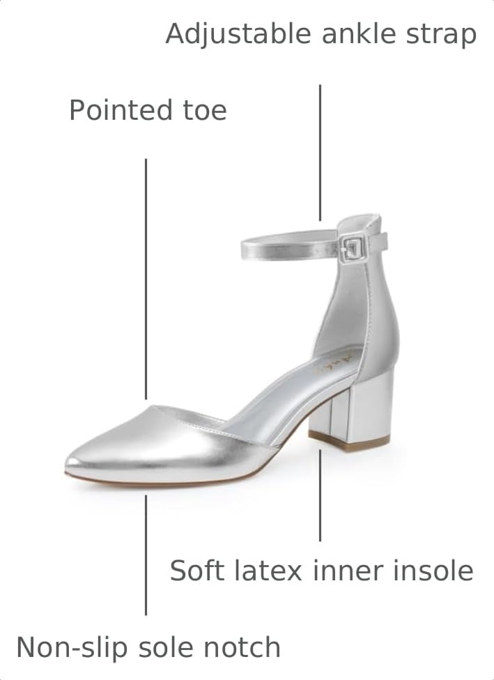 Image of Ankis Closed Toe Heels for Women, 2.25 Inch Low Block Chunky Dress Pumps | Black Nude White Gold Silver Pointed Toe Design, Soft Insole, Adjustable Ankle Strap, Classic Versatile, For Formal Daily