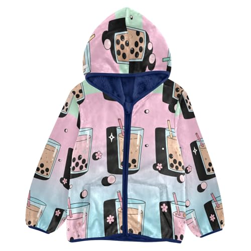Bubble Tea Drinks Pattern Cute Toddler Fleece Jacket Girl Boys Hooded Fleece Jacket Coat Warm Outwear Zip-up 3-10T