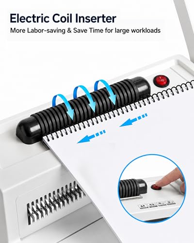 Image of MAKEASY Spiral Coil Binding Machine with 46 Fully Disengaging Pins - 4:1 Pitch - Electric Coil Inserter - Adjustable Side Margin, Comes with Free 1 Box Coil Spines & Plier, 20 Sheet Punch Capacity
